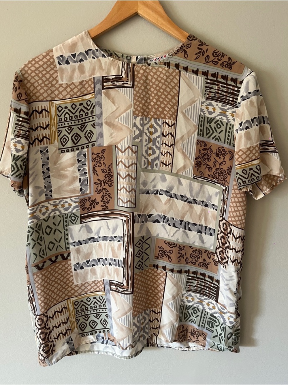 RODIER Short Sleeve Patchwork Print Shirt in Beige, Brown & Olive